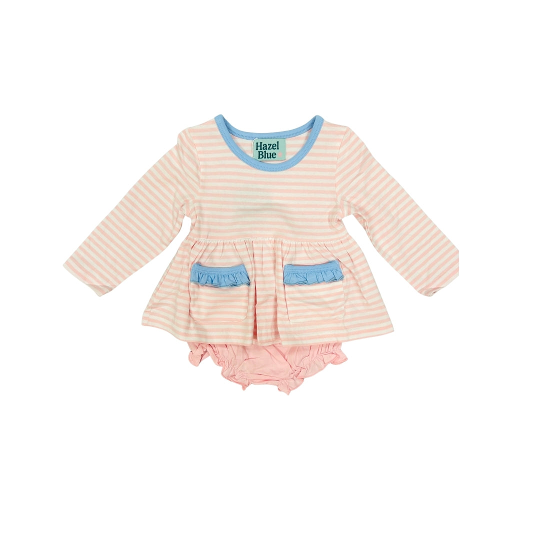 Hazel Blue Pink Stripe Bloomer Set with Ruffle Pockets