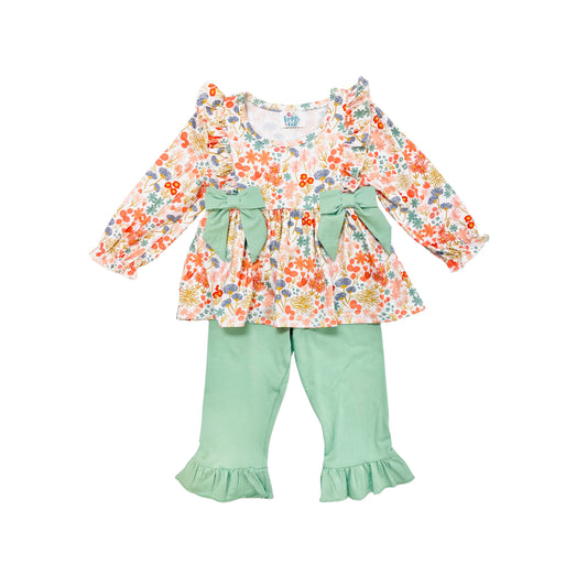 Funfetti Kids Girl Floral Pant Set with Sage Bows