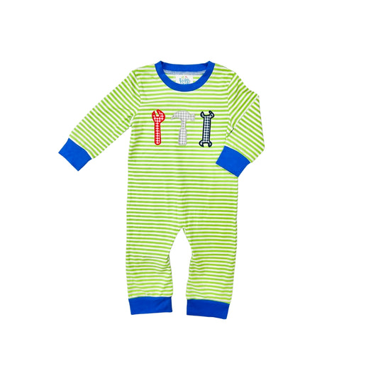 Funfetti Kids Green Stripe Tool Applique Romper