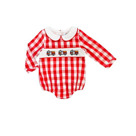 Funfetti Kids Boy Embroidered Firetruck Checkered Bubble