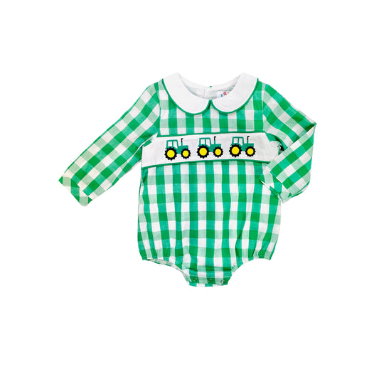 Funfetti Kids Boy Embroidered Tractor Checkered Long Sleeve Bubbe