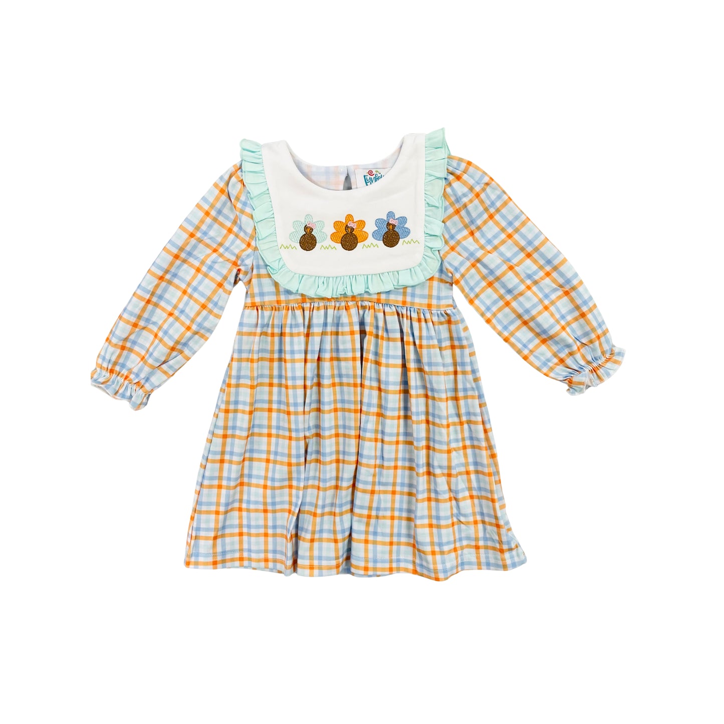 Funfetti Kids Girl Plaid Dress with Embroidered Turkey