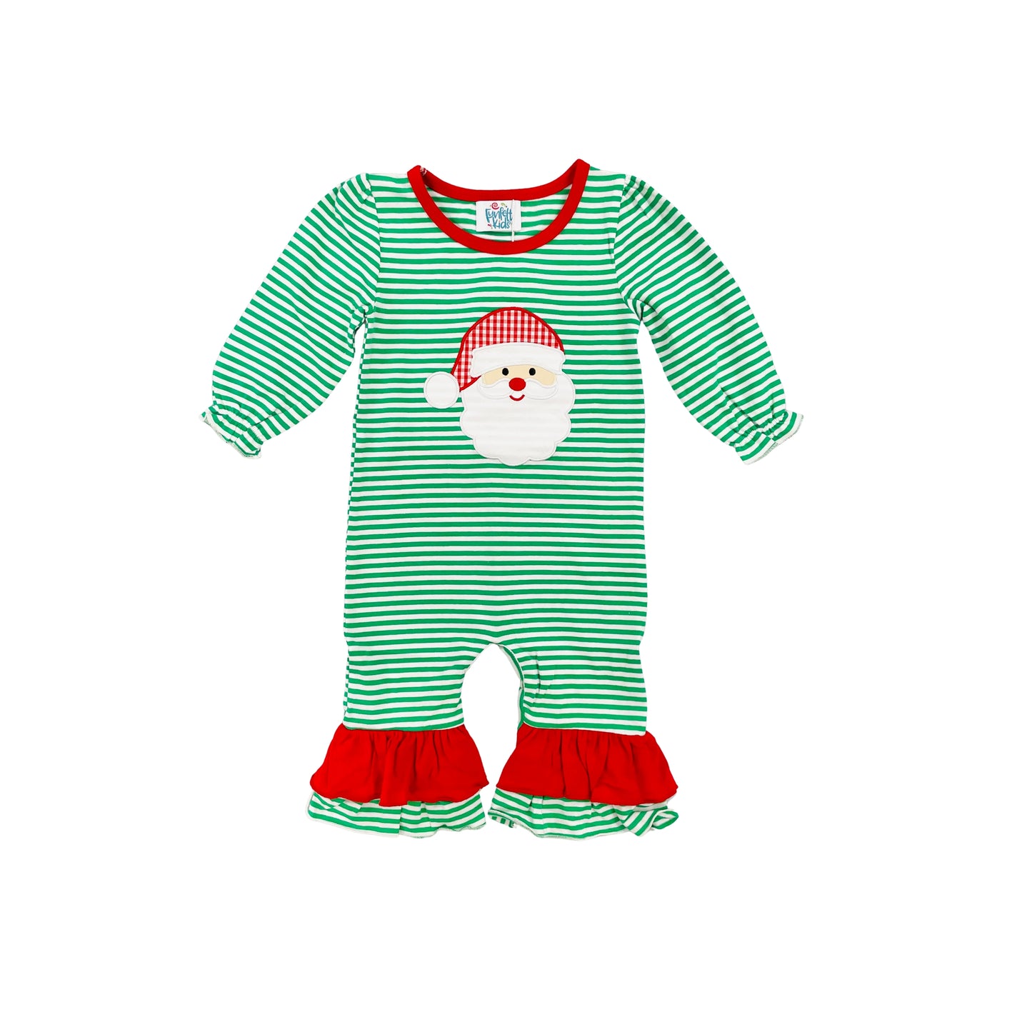 Funfetti Kids Girl Green Stripe Ruffle Romper with Santa Applique