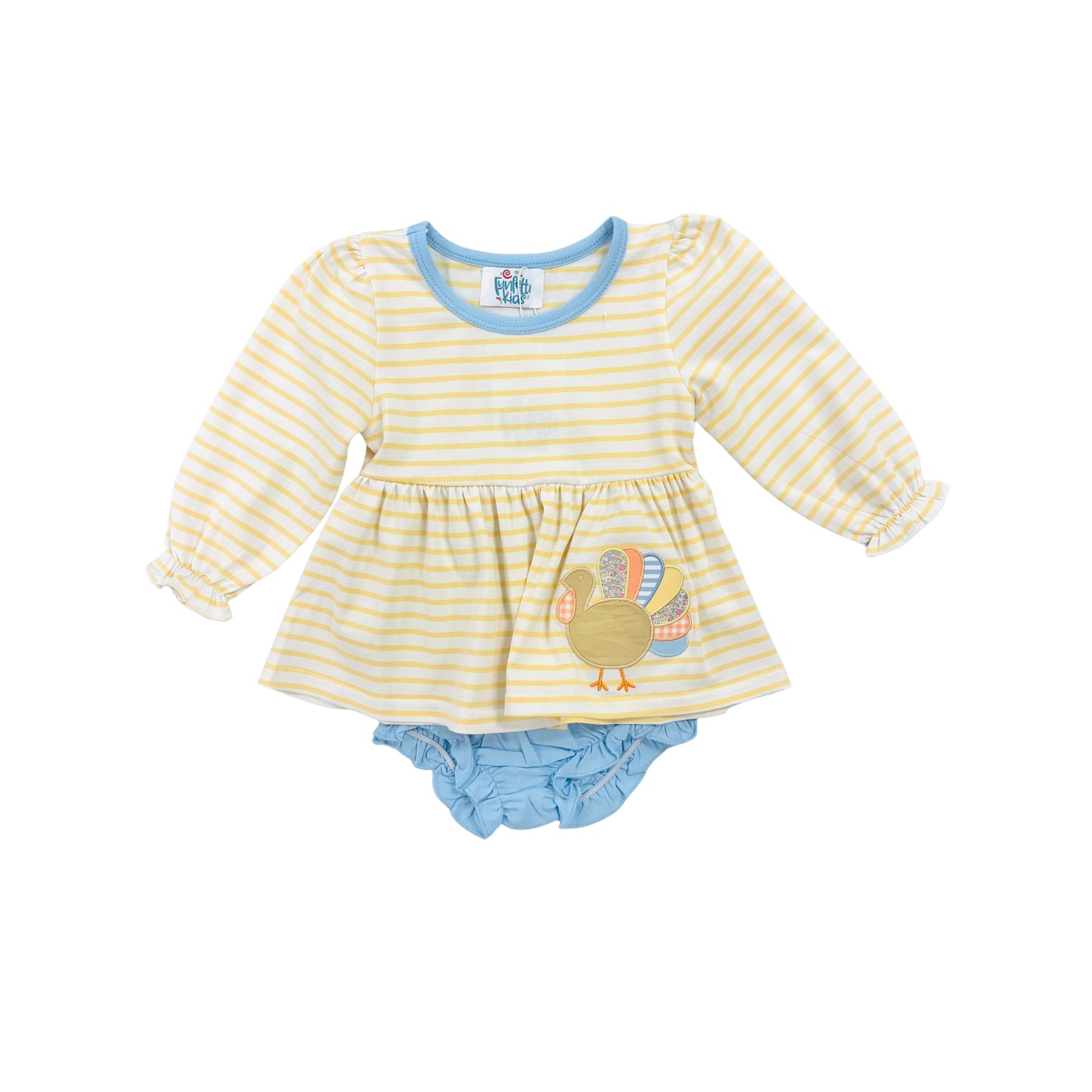 Funfetti Kids Girl Yellow Stripe Turkey Applique Bloomer Set