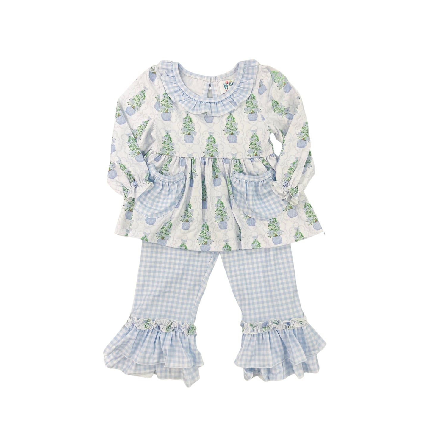 Funfetti Kids Girl Blue Tree/Bow Ruffle Pant Set