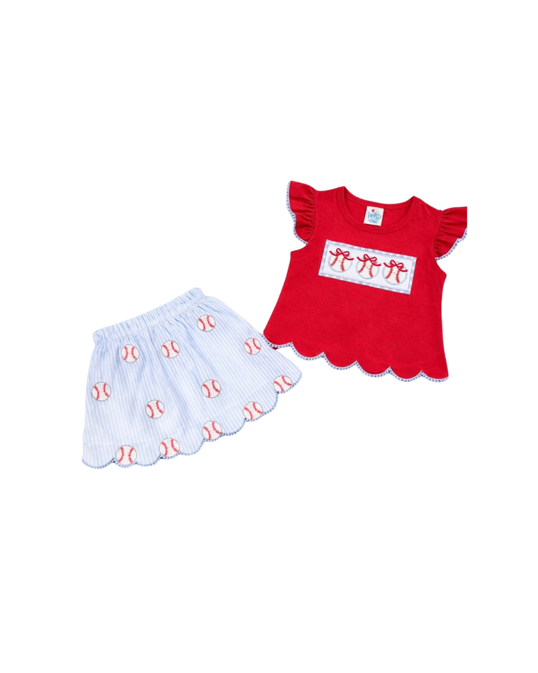 PRE ORDER - Hazel Blue Seersucker Embroidered Baseball with Bows Skort St