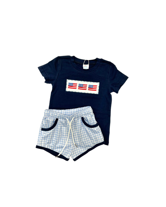 Funfetti Kids Navy Gingham Flag Embroidered Short Set