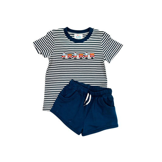 Funfetti Kids Navy Stripe Firetruck Embroidered Short Set