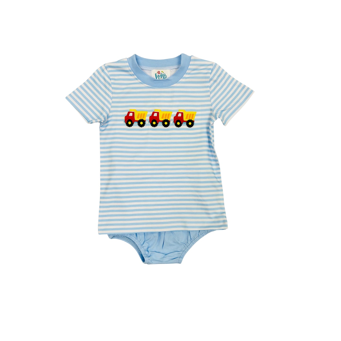 Funfetti Kids Blue Stripe Dumptruck Embroidered Diaper Set