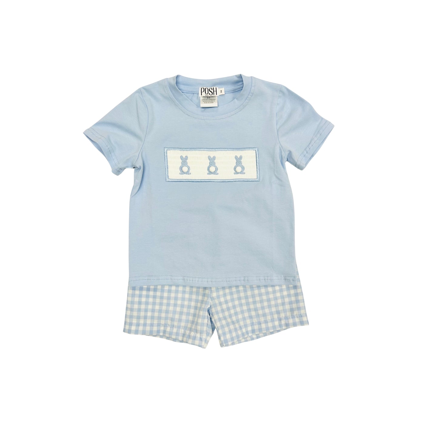 POSH Blue Check/Pink Smocked/Embroidered Bunnies Short Set