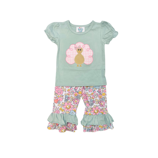 Funfetti Kids Girl Sage/Floral Turkey Applique Pant Set