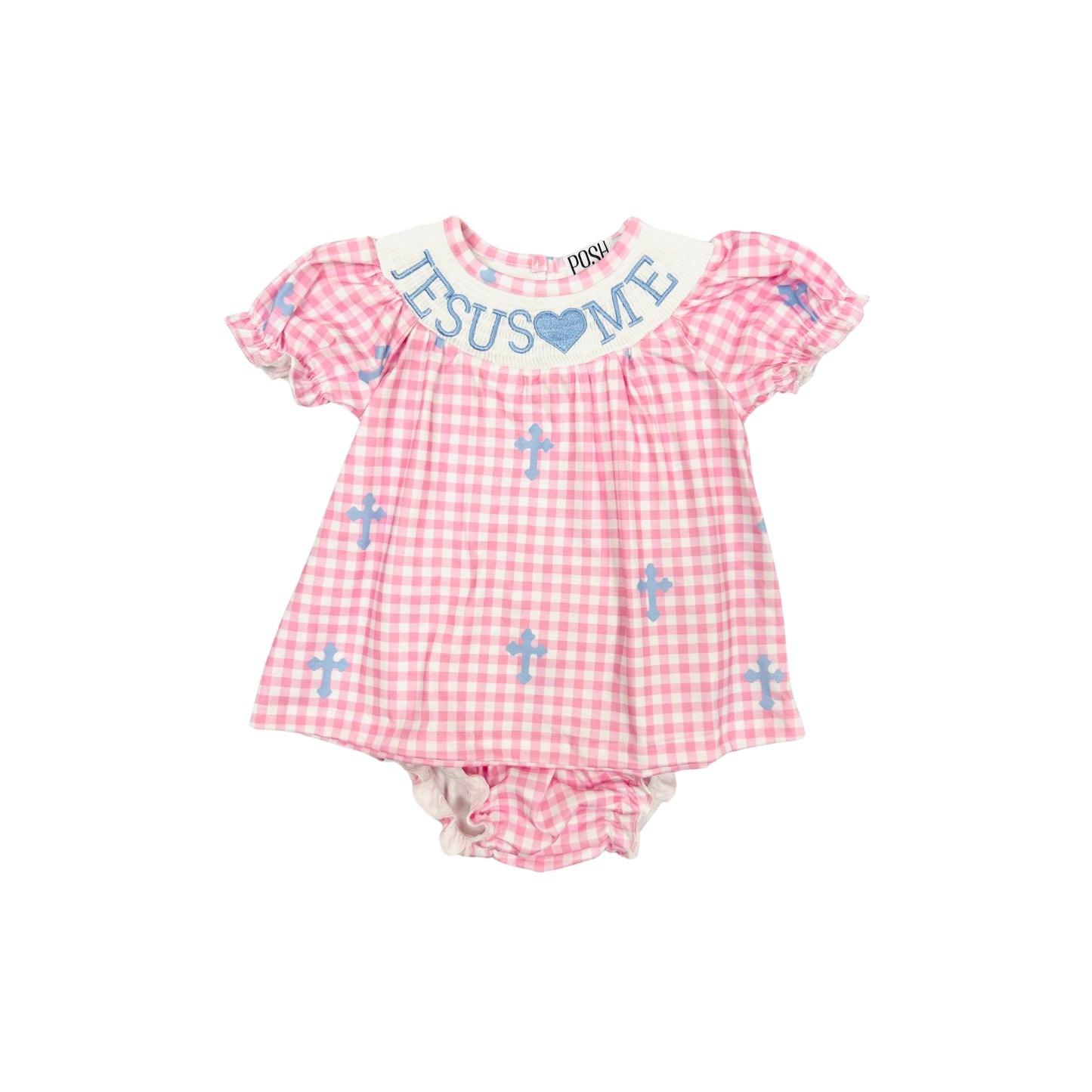 Pink Check/Blue Cross Smocked/Embroidered Jesus Loves Me Bloomer Set