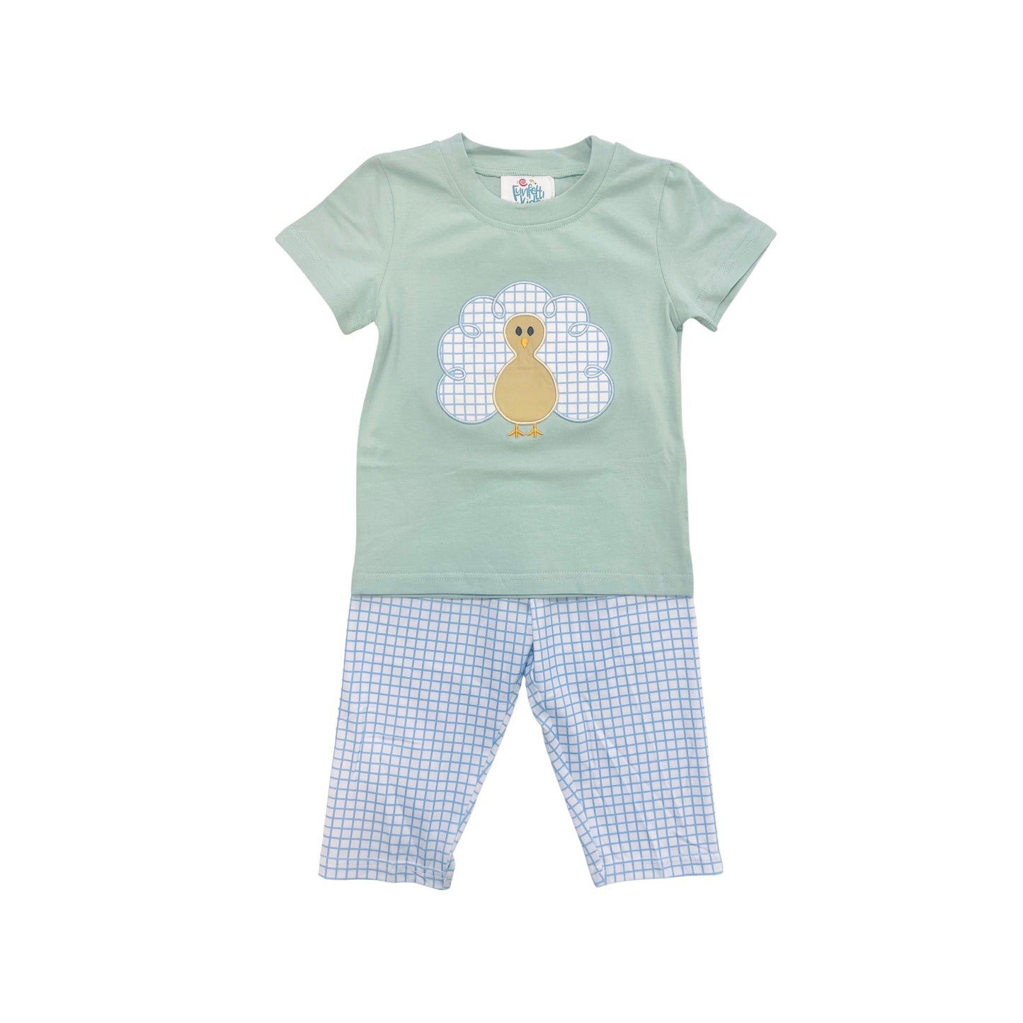 Funfetti Kids Boy Sage/Blue Check Turkey Pant Set