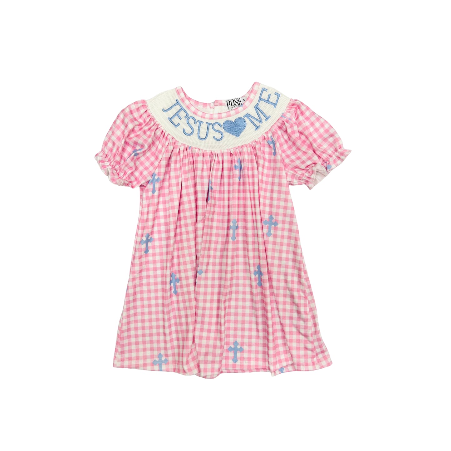 POSH Pink Check/Blue Cross Smocked/Embroidered Jesus Loves Me Dress