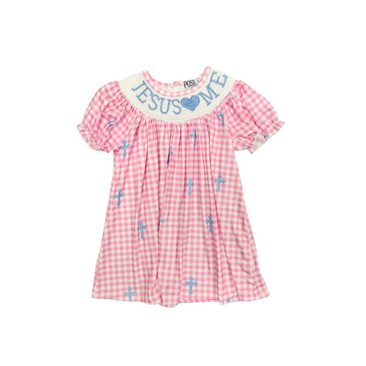 POSH Pink Check/Blue Cross Smocked/Embroidered Jesus Loves Me Dress