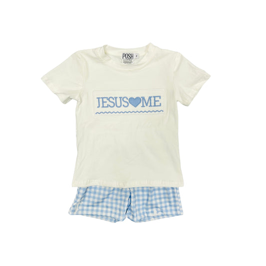 POSH Blue Check/White Cross Smocked/Embroidered Jesus Loves Me Short Set