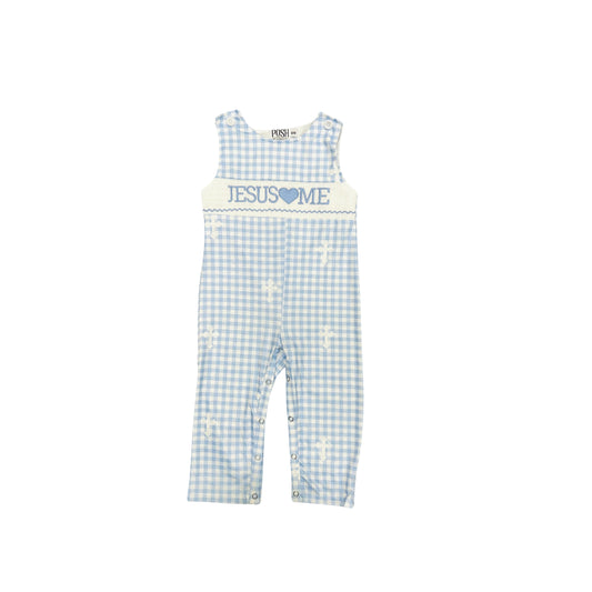 POSH Blue Check/White Cross Smocked/Embroidered Jesus Loves Me Longall