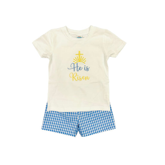 Funfetti Kids Blue Gingham He is Risen Short Set