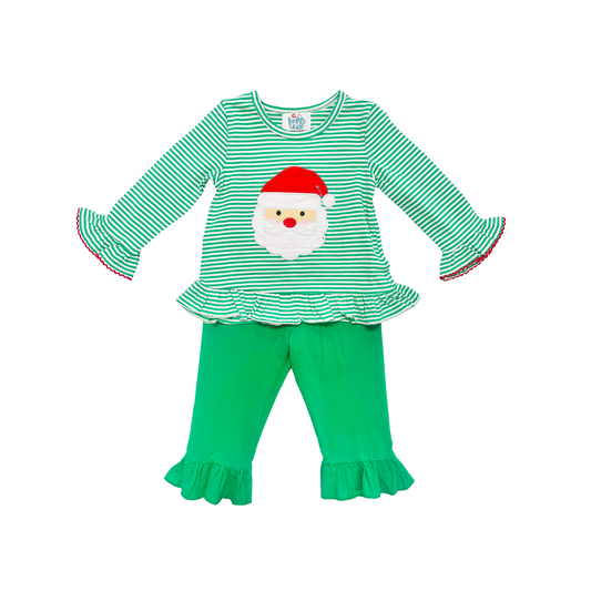 Funfetti Kids Girl Green Stripe Ruffle Pant Set with Santa Applique