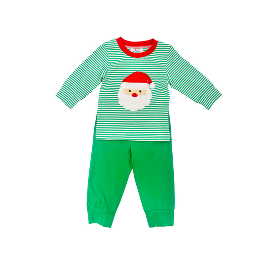 Funfetti Kids Boy Green Stripe Jogger Set with Santa Applique