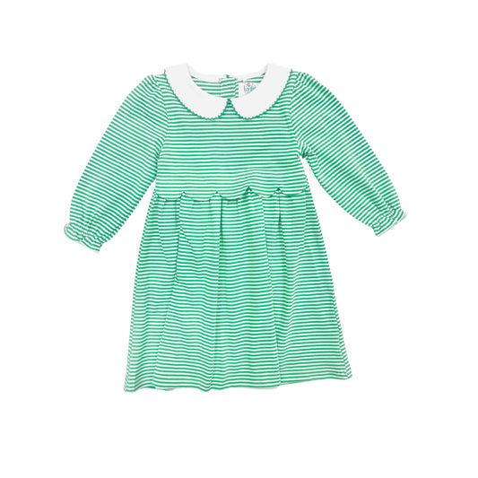 Funfetti Kids Girl Green Stripe Dress with Scallop Detail