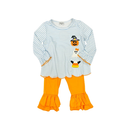Blue Stripe Halloween Applique Ruffle Pant Set