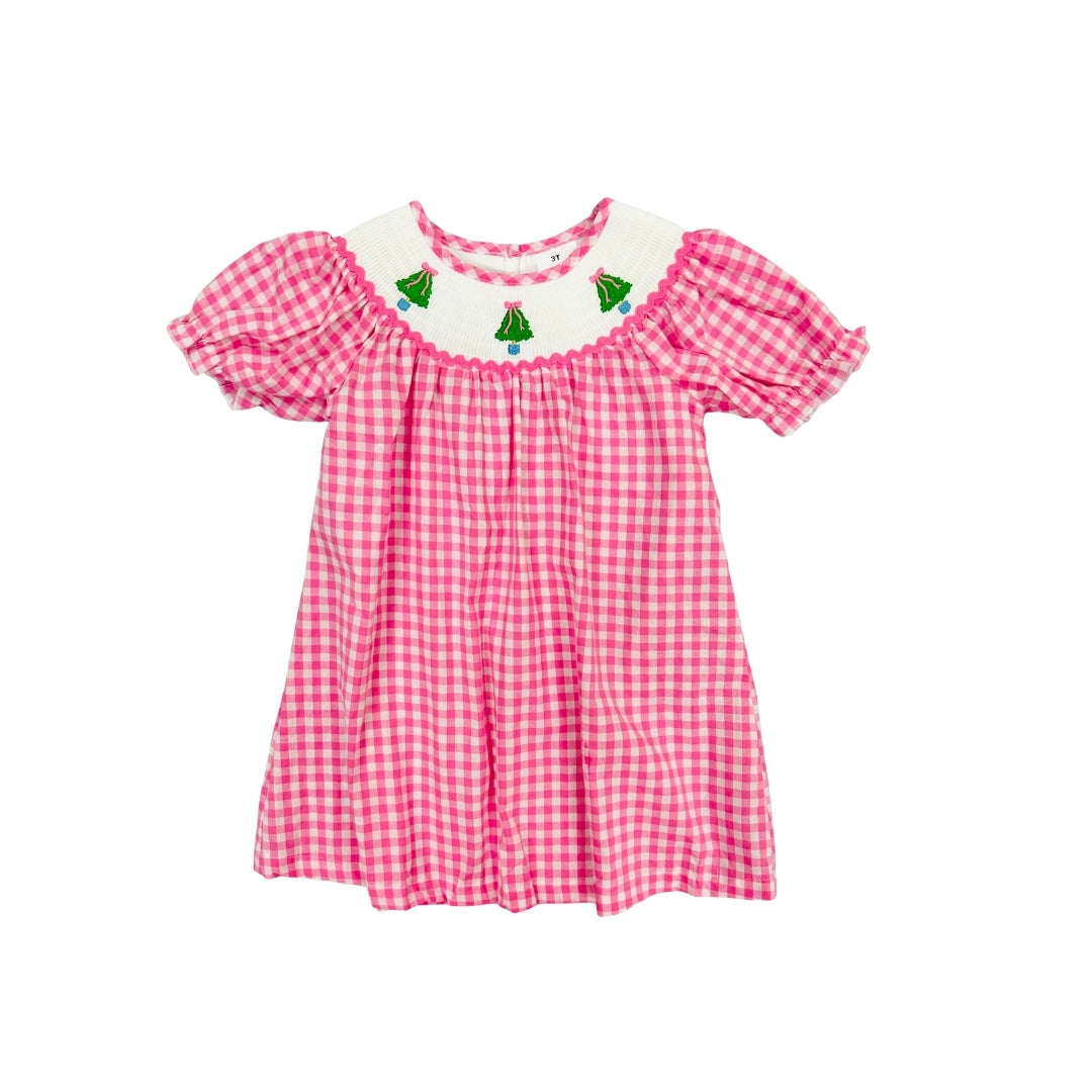 Pink Check Embroidered Christmas Tree Dress