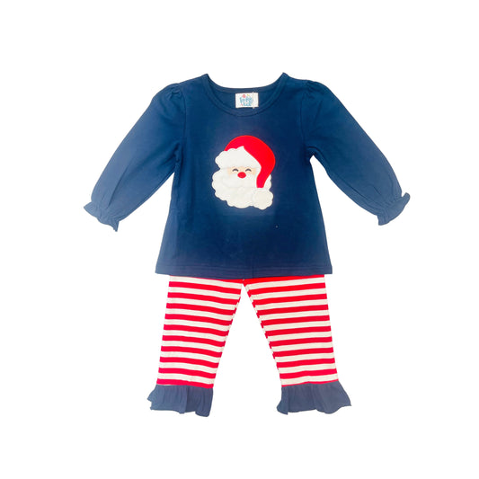 Funfetti Kids Girl Navy Santa Applique With Stripe Ruffle Pant