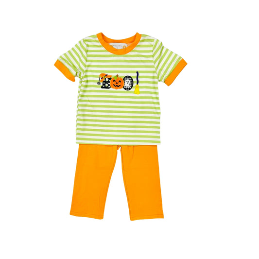 Green Stripe BOO Applique Pant Set