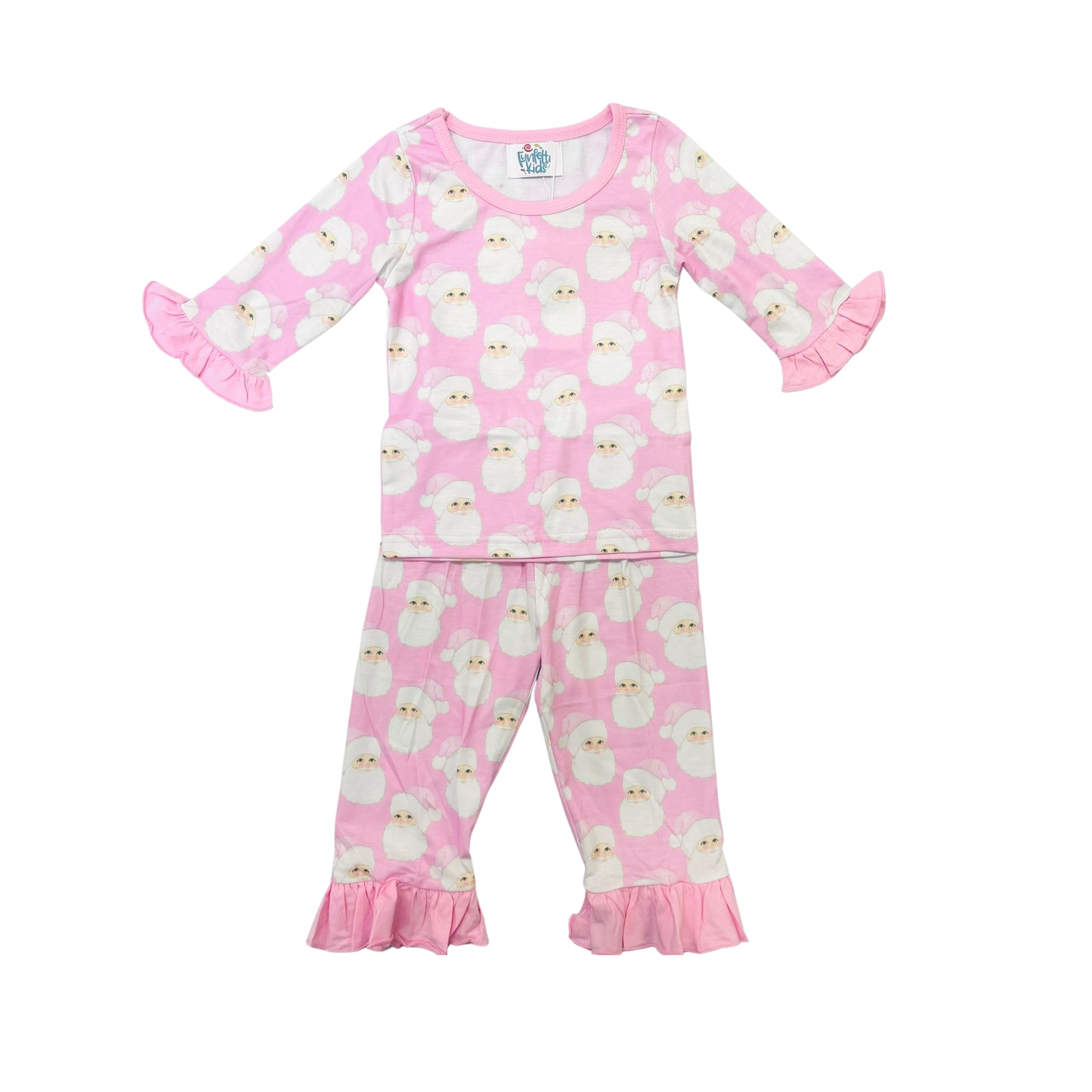 Funfetti Kids Girl Pink Santa Face Ruffle Lounge Set