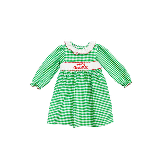 Elizabeth Ann Girl Hand Smocked Green Check Merry Christmas Dress