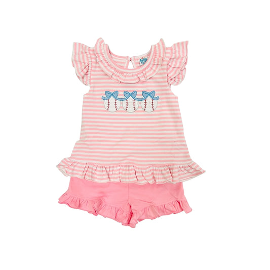 Funfetti Kids Pink Stripe Baseball/Bow Short Set