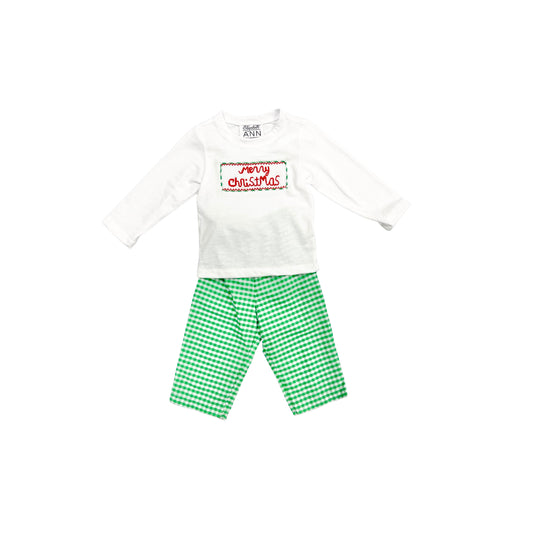 Elizabeth Ann Boy Hand Smocked Green Check Merry Christmas Pant Set