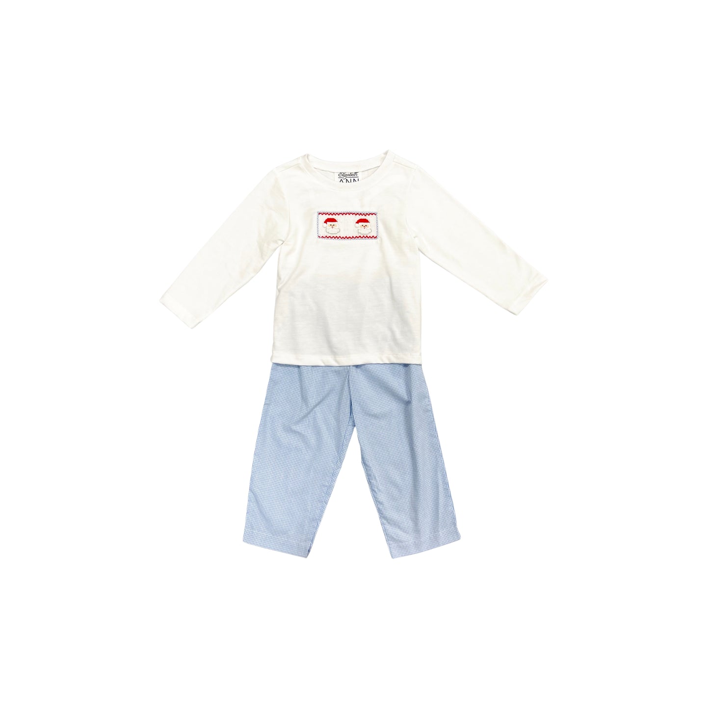 Elizabeth Ann Boy Hand Smocked Blue Check Santa Pant Set