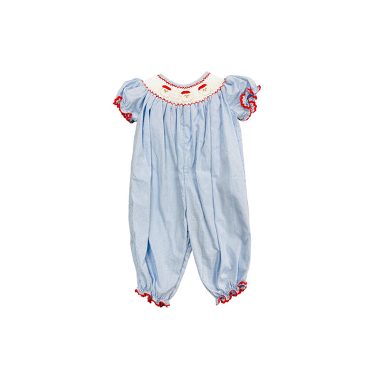 Elizabeth Ann Girl Hand Smocked Blue Check Santa Romper