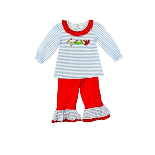 Funfetti Kids Girl Embroidered Cajun Christmas Ruffle Pant Set