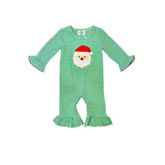 Funfetti Kids Girl Green Stripe Ruffle Romper with Santa Applique