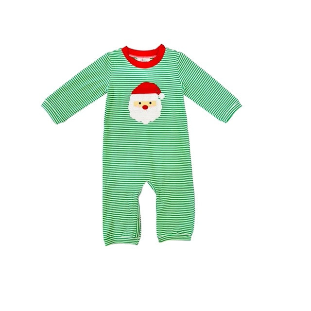 Funfetti Kids Boy Green Stripe Romper with Santa Applique