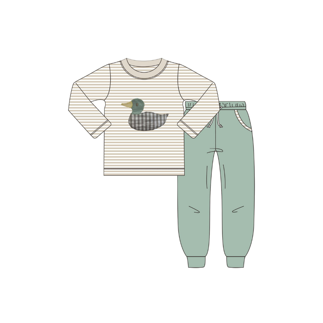 PRE ORDER - Hazel Blue Tan Stripe/Gingham Mallard Applique with Sage Joggers