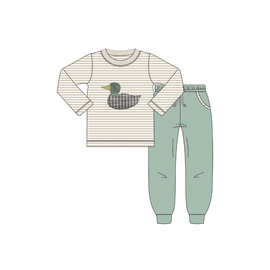 PRE ORDER - Hazel Blue Tan Stripe/Gingham Mallard Applique with Sage Joggers