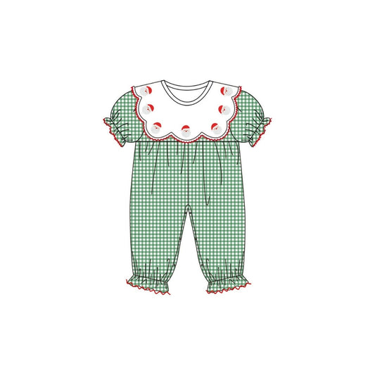 PRE ORDER - Hazel Blue Dark Green Micro Check Gingham Romper with Embroidered Santa Scalloped Bib Collar and Picot Trim