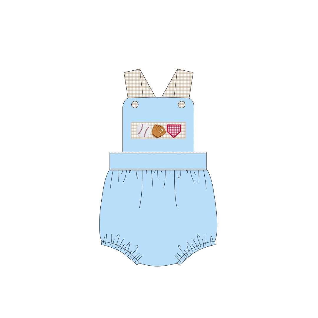 PRE ORDER - Funfetti Kids Baseball Applique Gingham Sunsuit