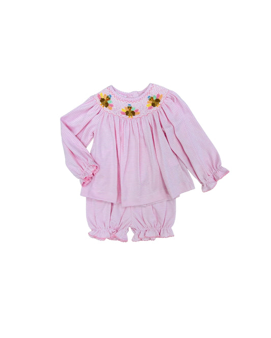 Peitit Bebe Pink Stripe Hand Smocked Turkey Bloomer Set