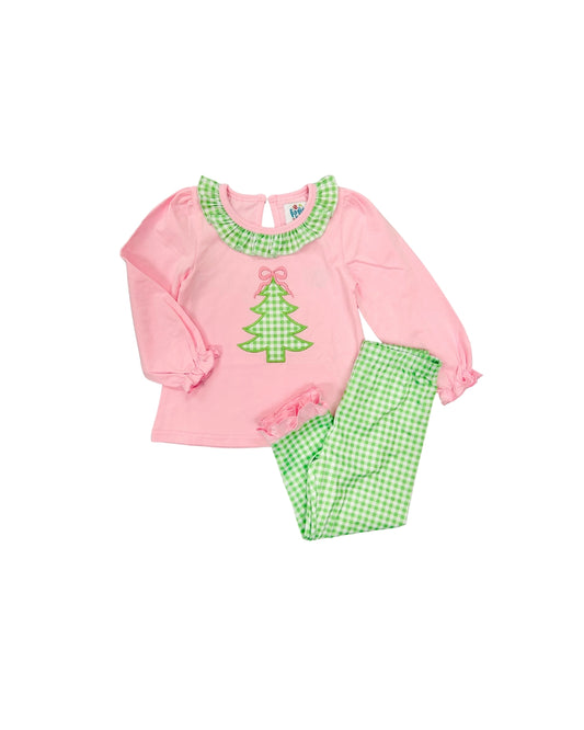 Funfetti Kids Pink/Green Gingham Christmas Tree Applique Ruffle Pant Set