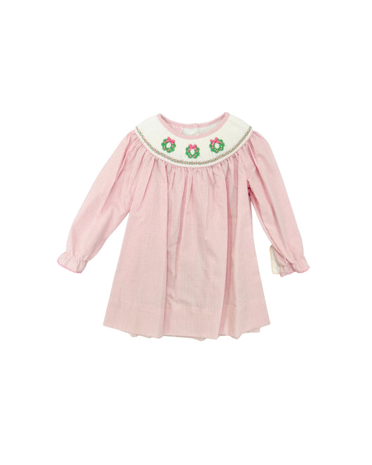 Petit bebe Pink Long Sleeve Smocked Wreath Dress