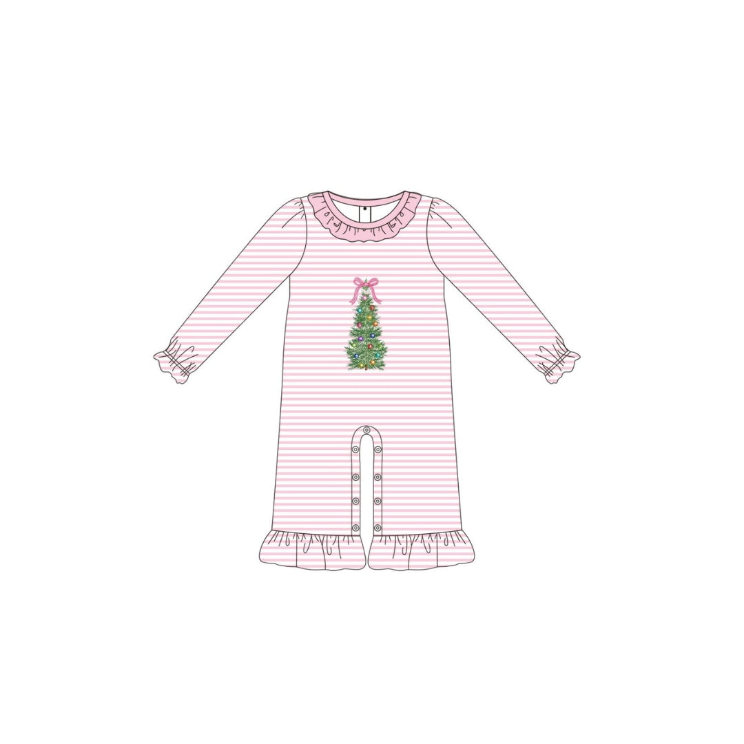 PRE ORDER - Funfetti Kids Pink Stripe Christmas Tree Bow Applique Romper