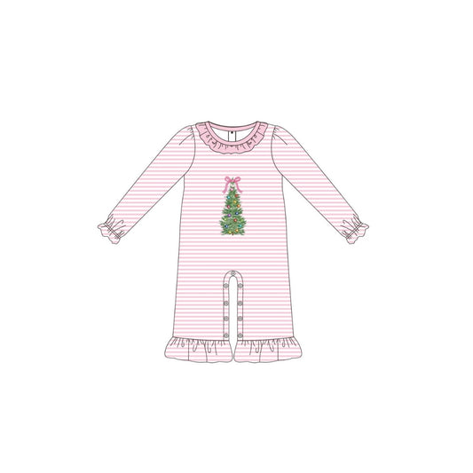 PRE ORDER - Funfetti Kids Pink Stripe Christmas Tree Bow Applique Romper