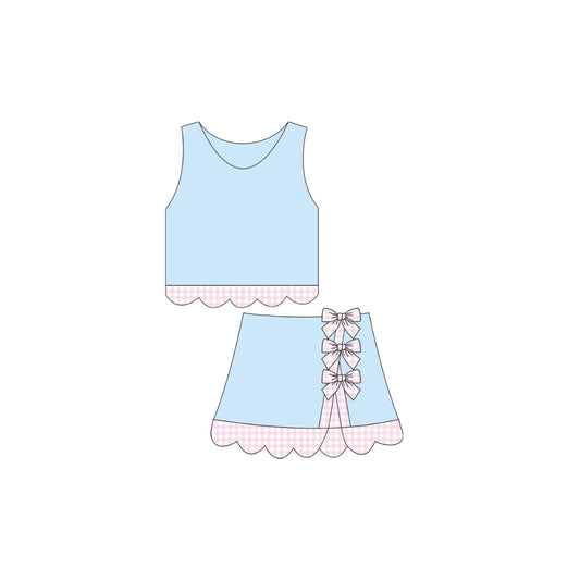 PRE ORDER - Funfetti Kids Light Blue/Pink Gingham Bow Active Skirt Set