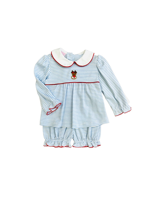 Petit Bebe Blue Stripe Reindeer French Knot Bloomer Set
