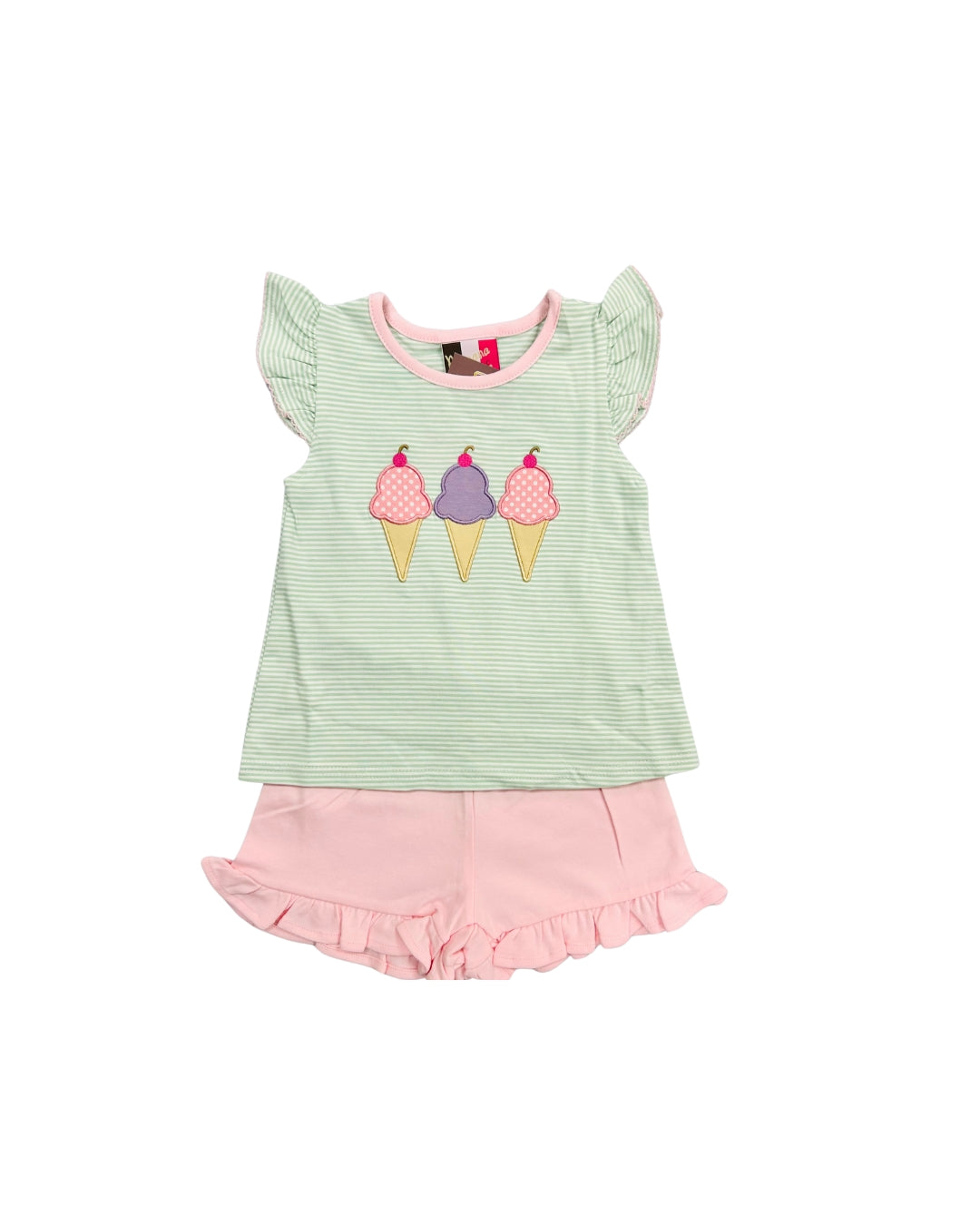 Banana Split Green/Pink Ice Cream Applique Ruffle Short Set